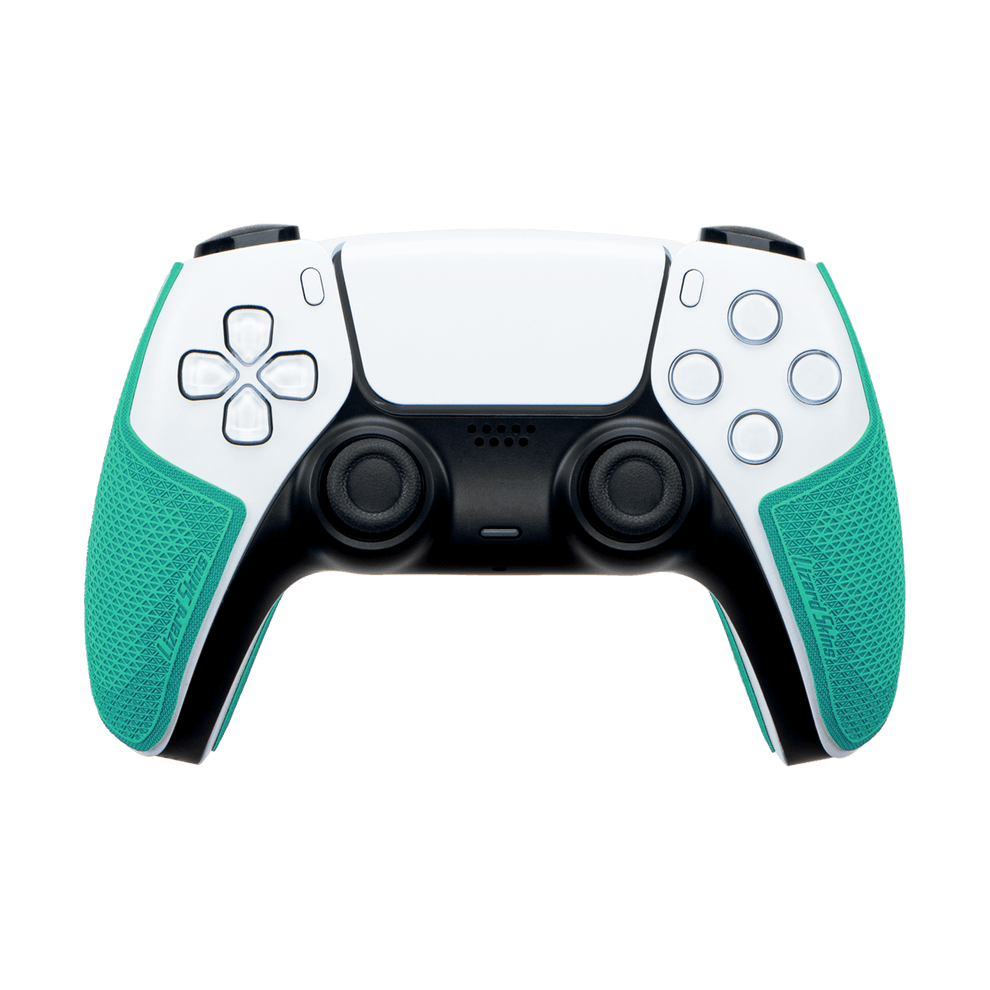 Lizard Skins DSP Controller Grip in teal on a PlayStation 5 controller for enhanced comfort and control.