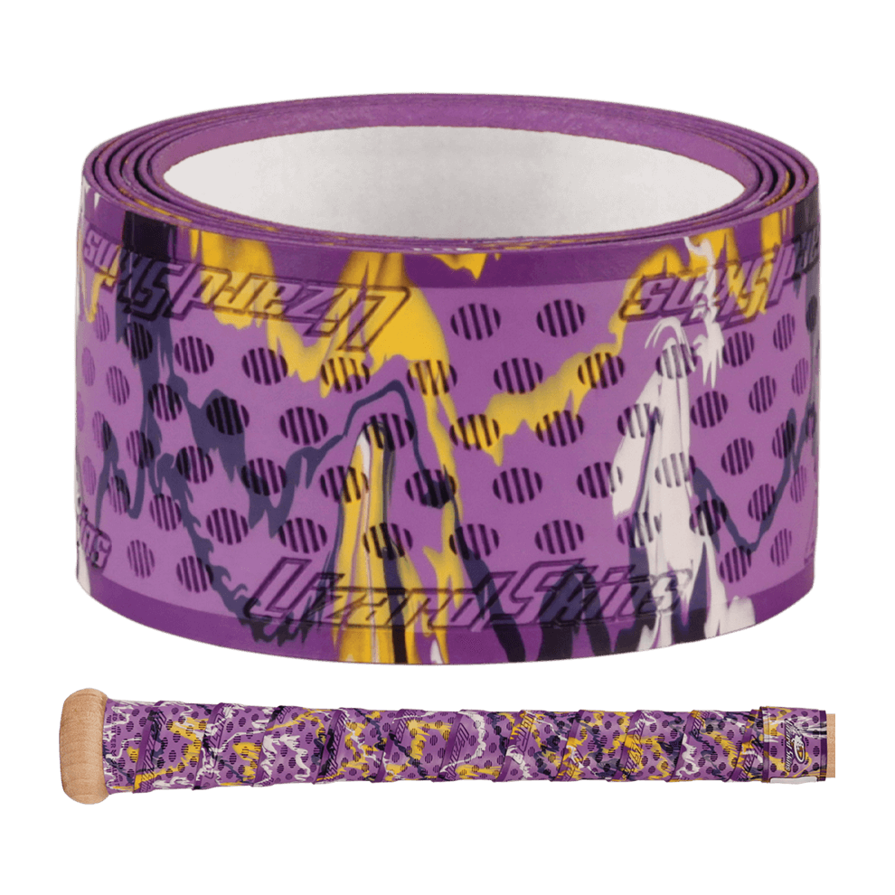 Lizard Skins DSP Ultra Bat Grip in Geaux Camo with purple, yellow, and white design for enhanced tackiness and durability.