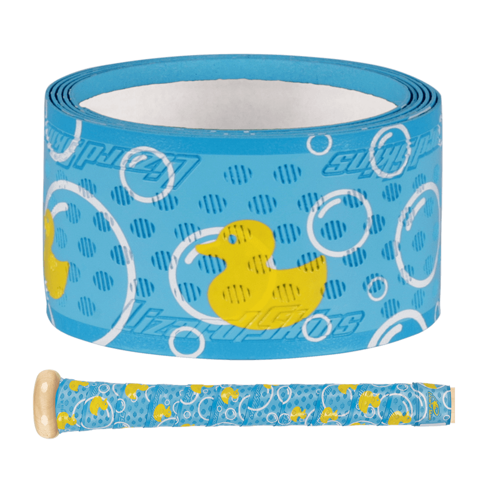 Lizard Skins DSP Ultra Bat Grip - 0.5 mm with blue rubber ducky design, shown in a roll and wrapped on a bat handle