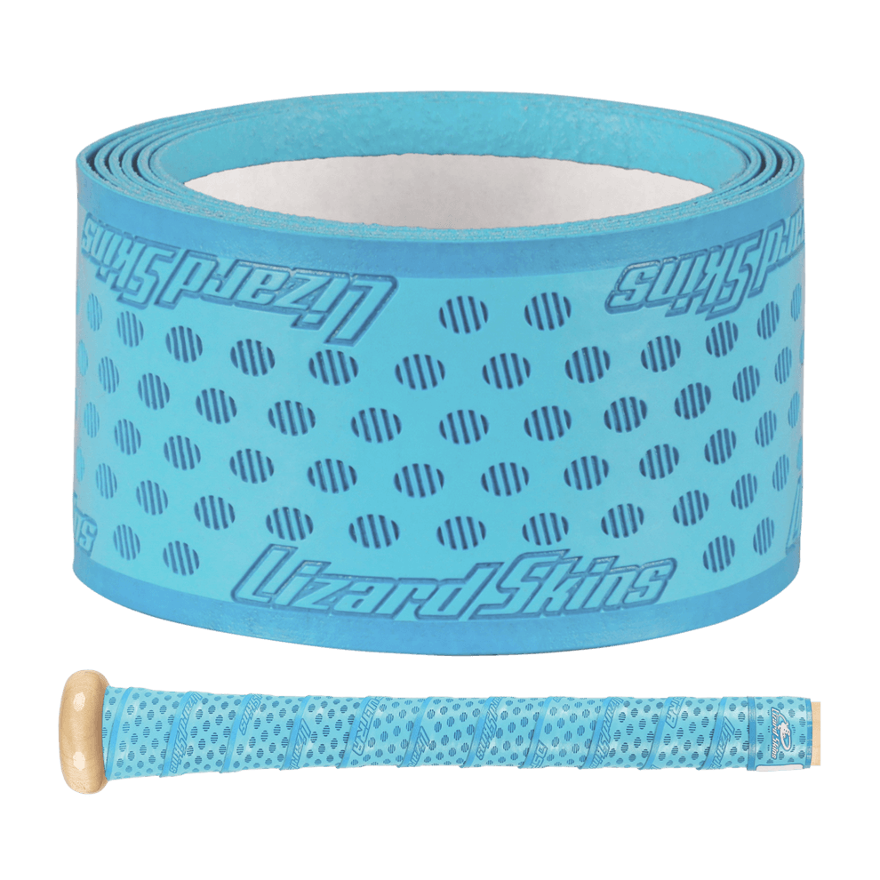 Lizard Skins DSP Ultra Bat Grip - 0.5 mm, blue with oval pattern and Lizard Skins logo, shown rolled and applied on bat handle.