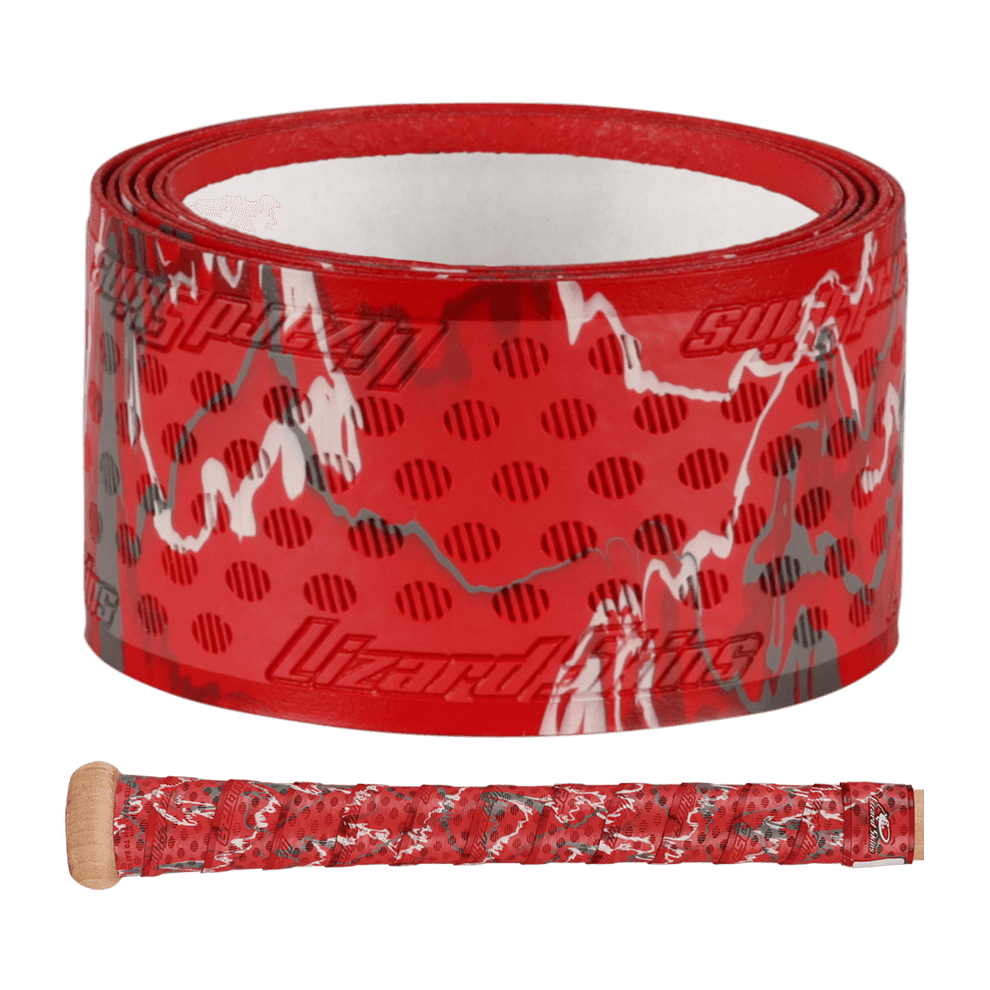 Lizard Skins DSP Ultra Bat Grip in red camo design, featuring premium adhesive and game-changing tackiness for improved performance.