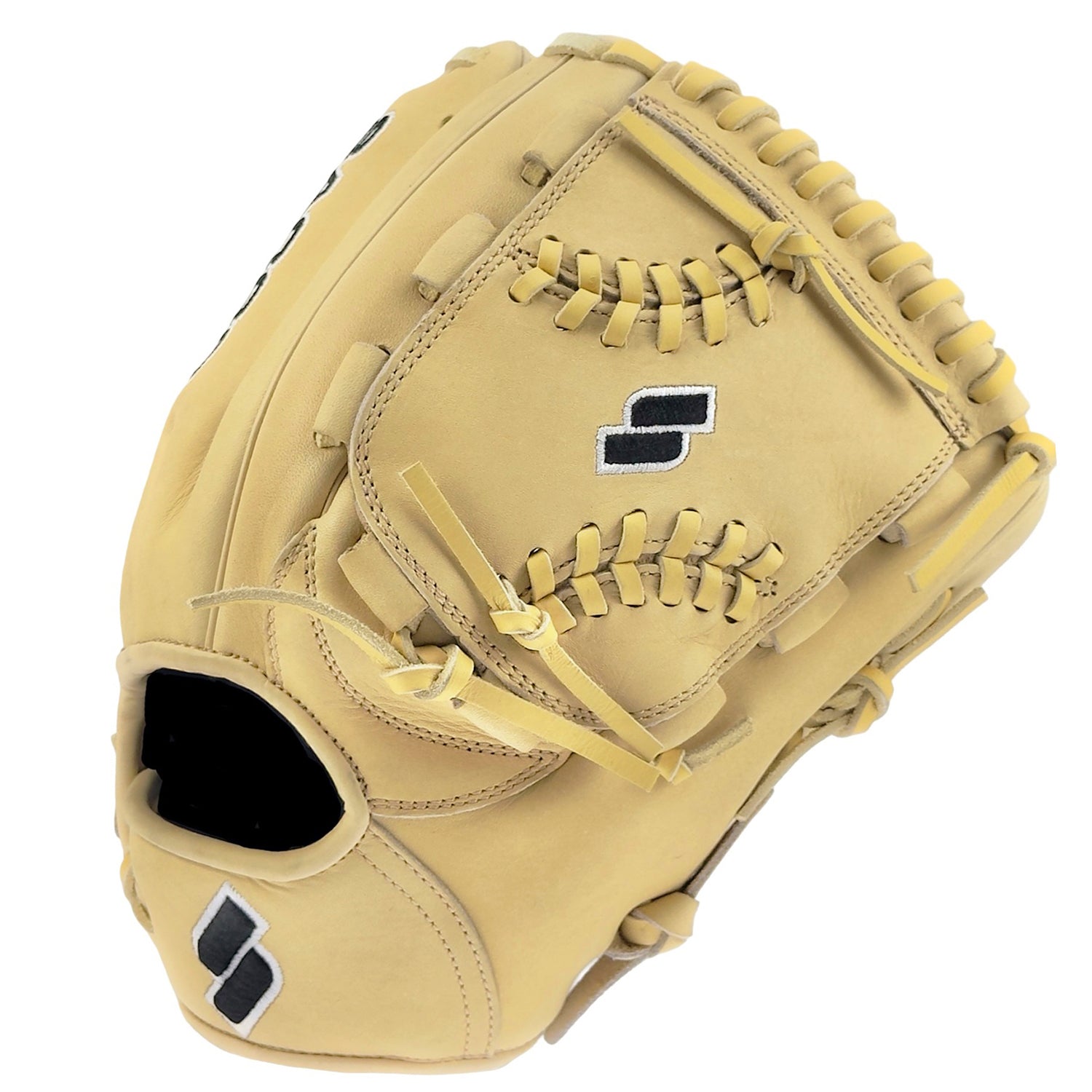 Sacco Ultra Premium Steer Hide Camel-Black Seams 12" Pitcher's Glove in camel color with black seams, showcasing quality craftsmanship.