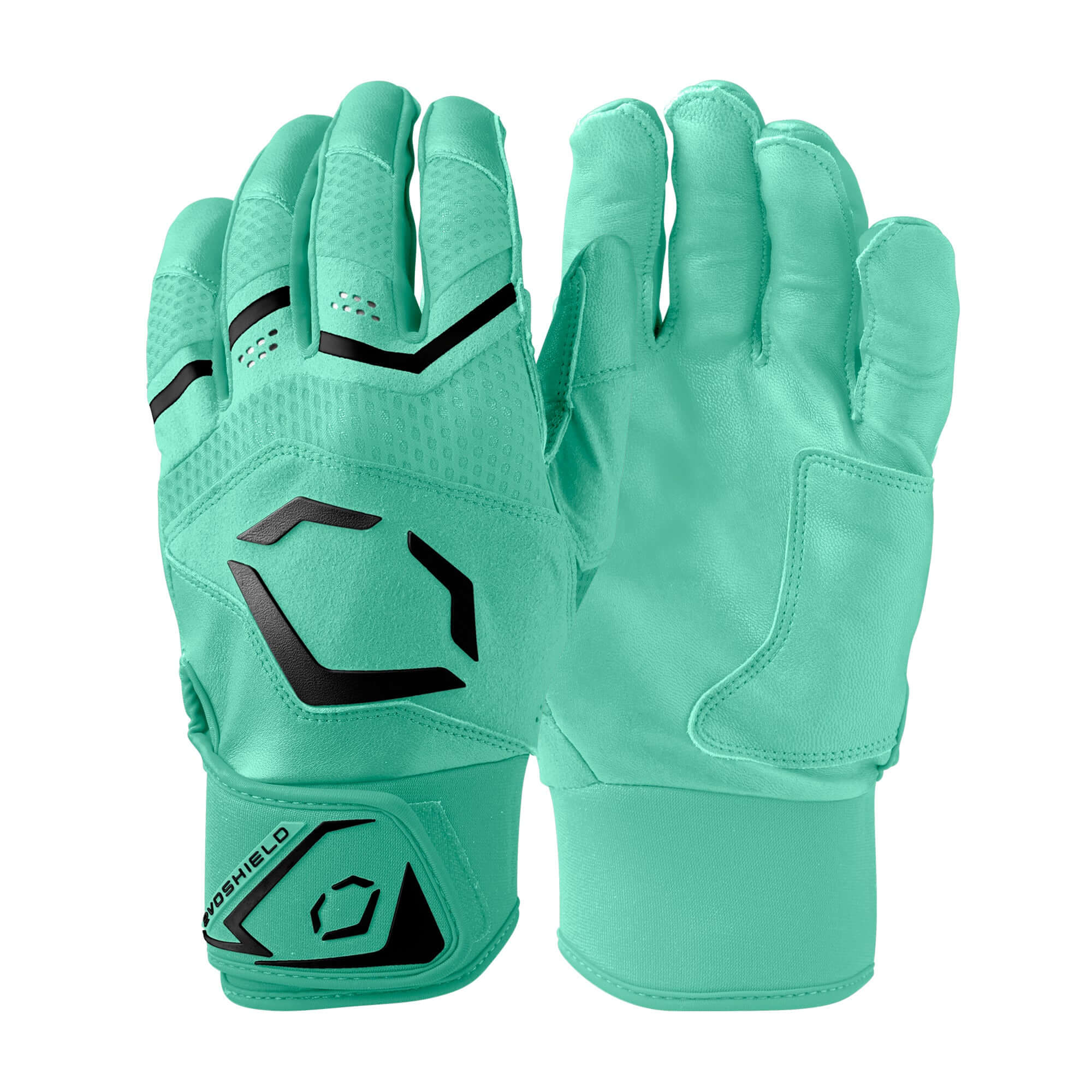 Evoshield Youth Carbyne Batting Gloves Seafoam front and back view with premium leather construction.