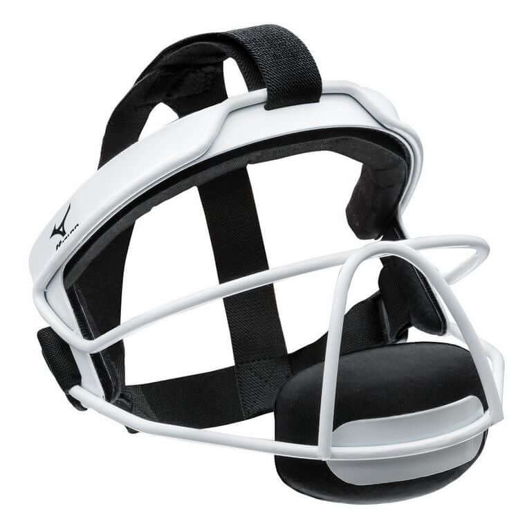 Mizuno Wire Fastpitch Softball Fielders Mask in white with adjustable straps and padded chin cup for optimal protection.