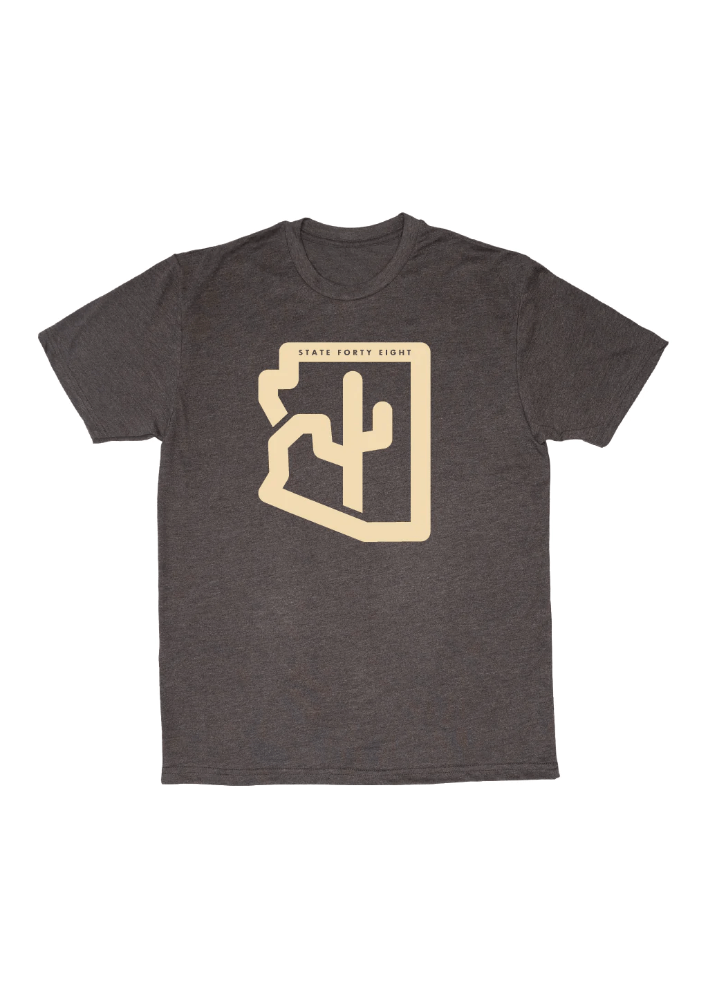 State Forty Eight Mens Crew Neck Cactus Brown And Cream t-shirt showing Arizona cactus logo on front view.