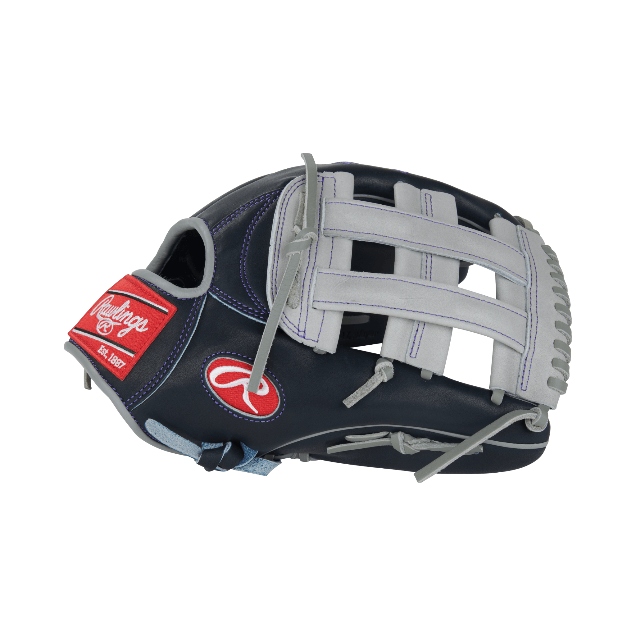 Rawlings Pro Preferred Aaron Judge 12.75" LHT outfield baseball glove in navy and grey.