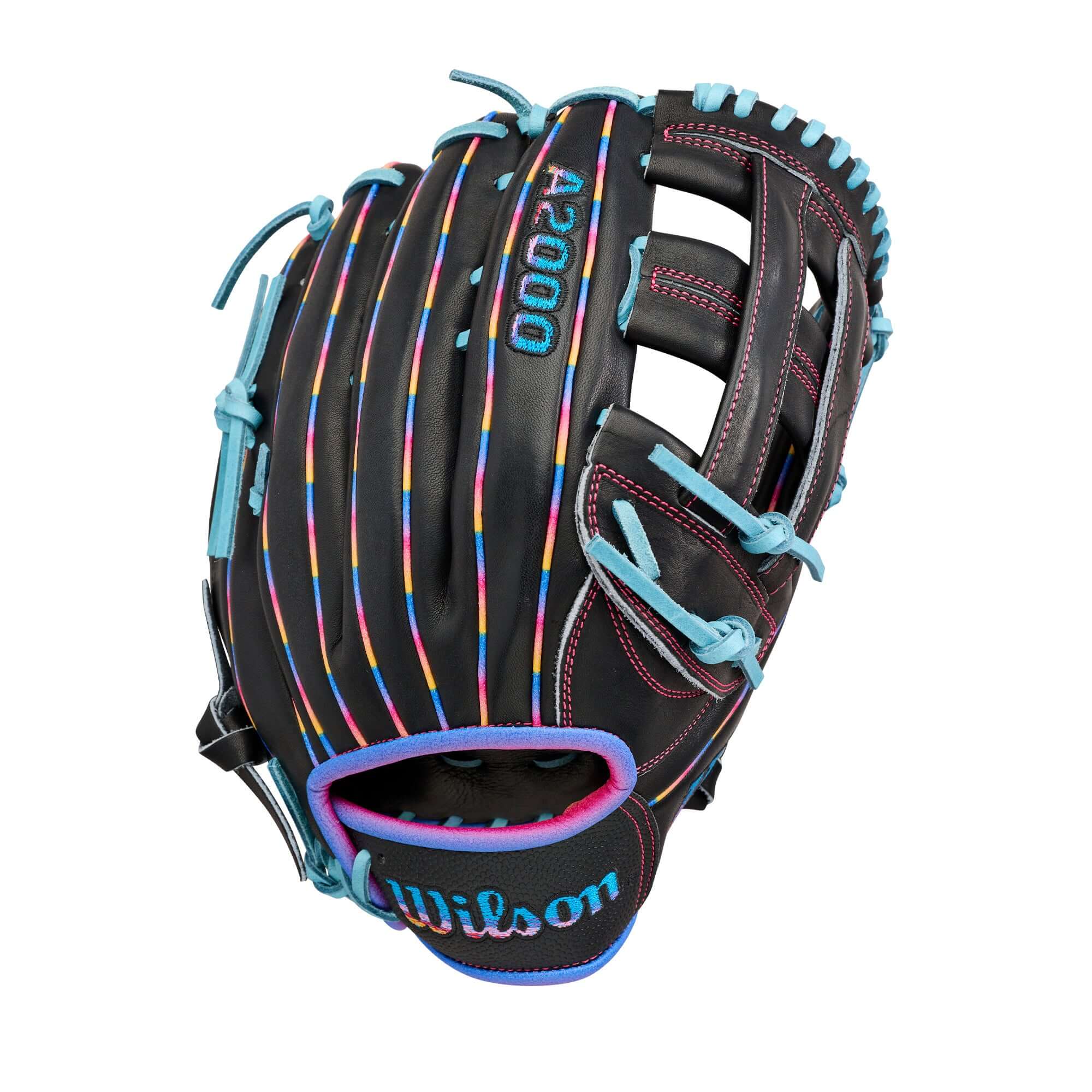 Backhand view of Wilson 2026 Love the Moment 1750 12.5” Outfield Baseball Glove LHT, black with colorful lacing.