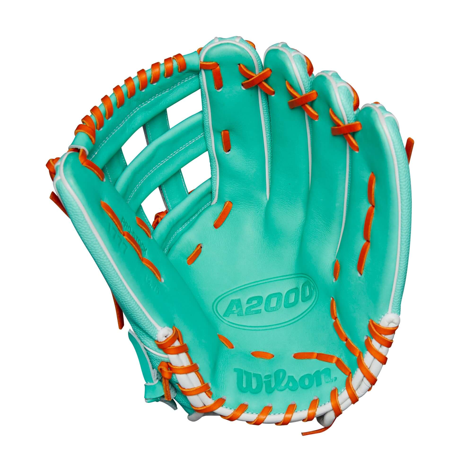 Wilson A2000 glove in seafoam and orange, featuring Pro Stock leather and SuperSkin, 12.75” Dual Post Web design.