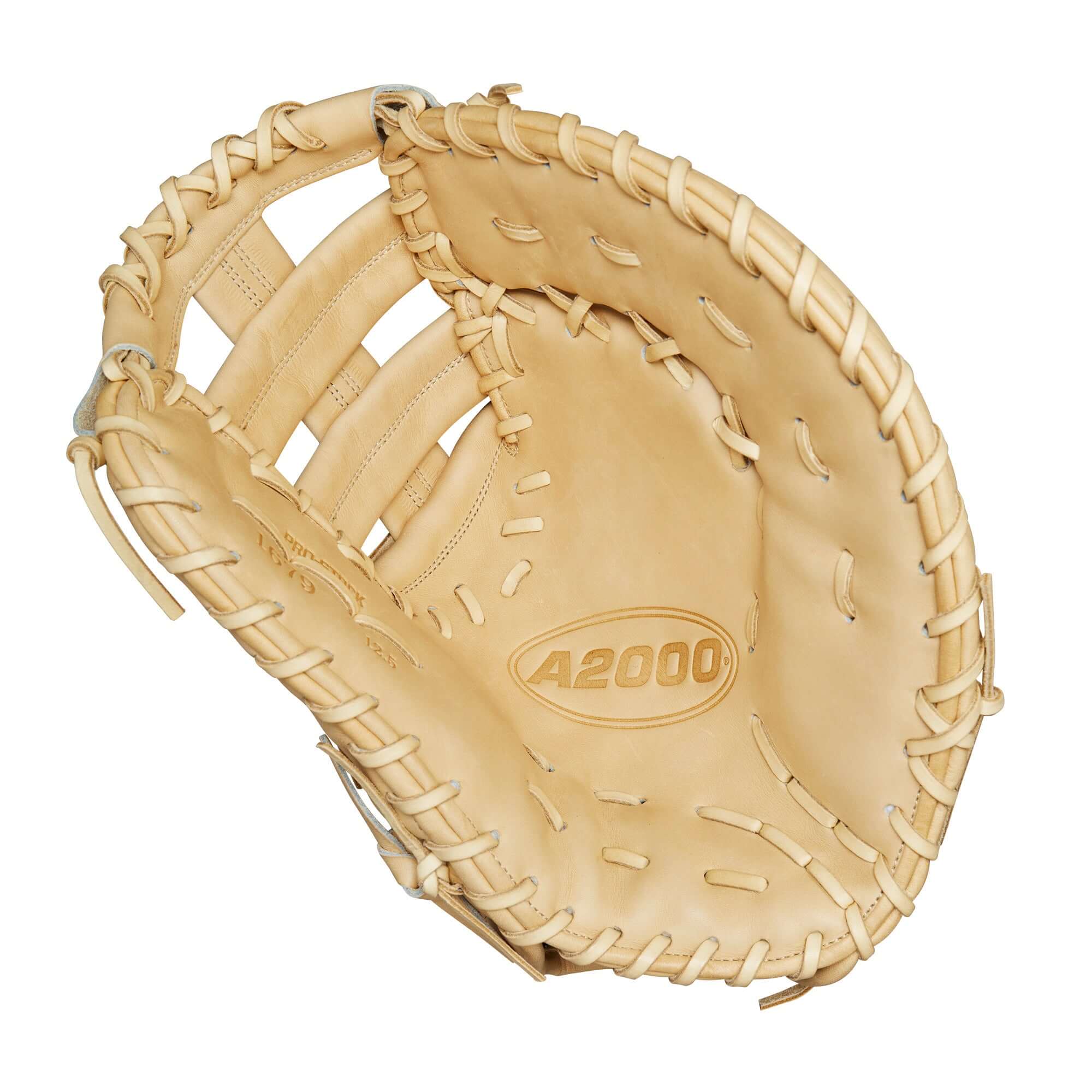Wilson A2000 1679 12.5" first base mitt interior view, featuring blonde Pro Stock leather and single break design.