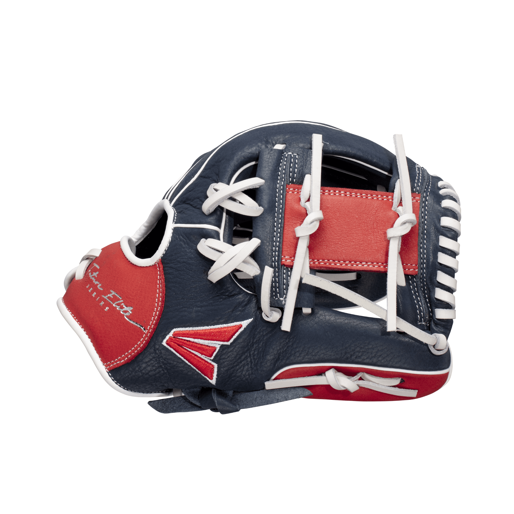Easton Future Elite Series 11-inch youth baseball glove in navy and red, featuring flexible closure for easy play.