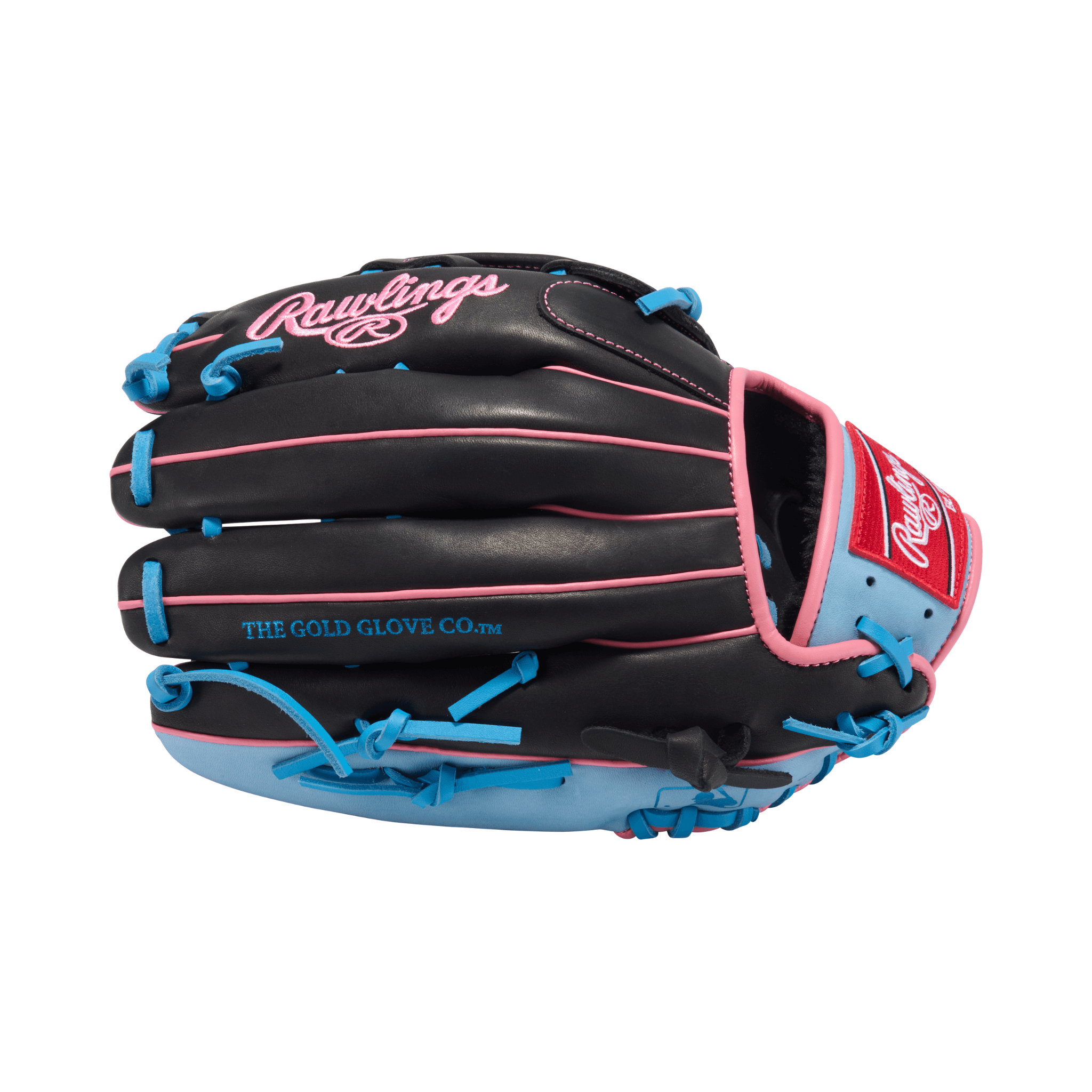 Rawlings R9 12.75" Outfield Baseball Glove in Black/Columbia Blue/Pink for left-handed players.