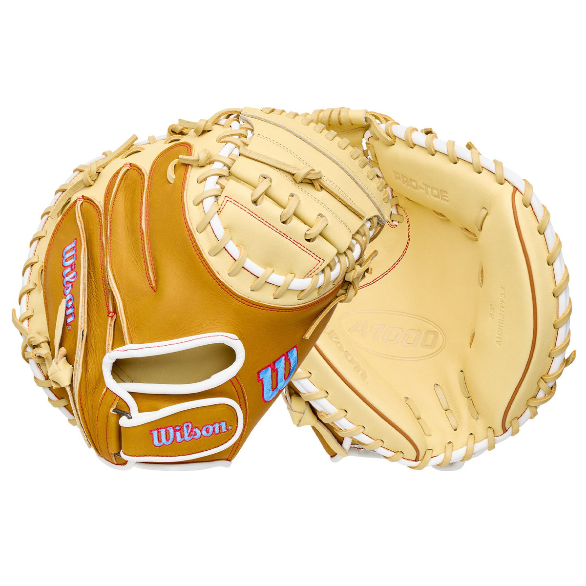 Wilson 2027 A1000 PF33 33” Baseball Catcher’s Mitt with Pedroia Fit Technology and adjustable wrist strap for secure fit.