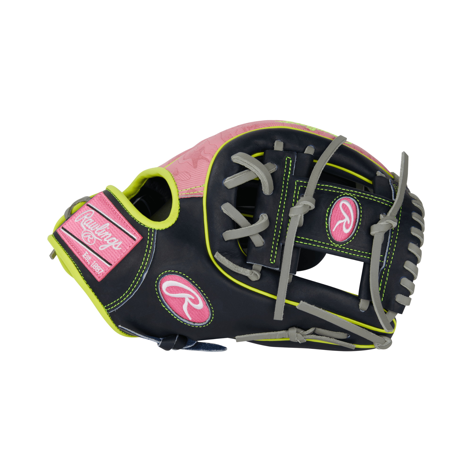 Rawlings November 2024 Gold Glove Club PRO315-2NPY glove with pink camo pattern and embroidered logo, ideal for infielders.