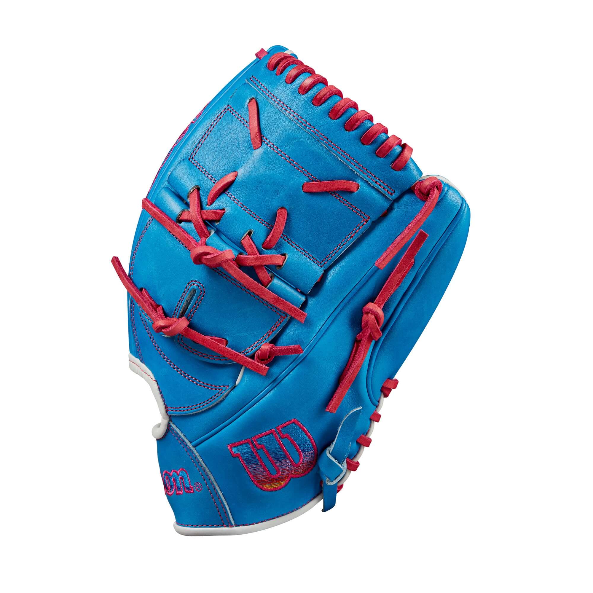 Wilson 2024 Autism Speaks A2000 B2 pitcher’s glove in blue with pink accents and stitching, designed for precision and style.
