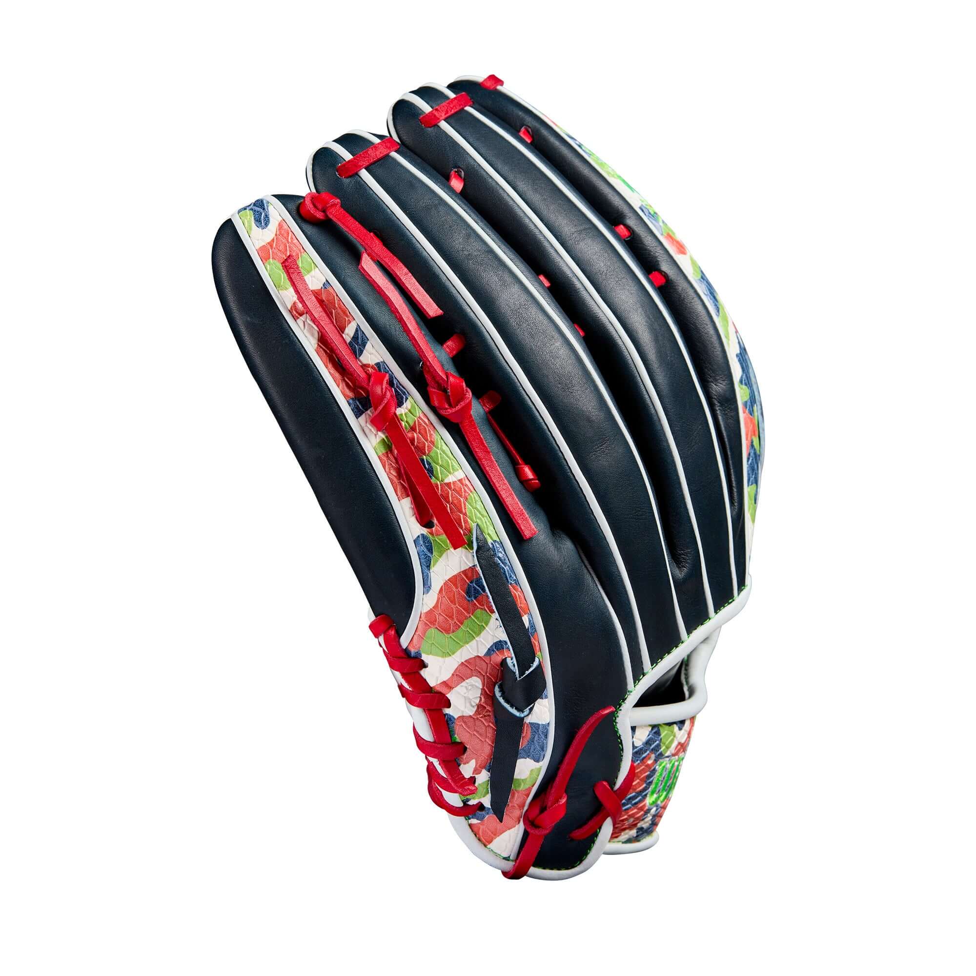 A close-up of the Wilson A2K GM outfield baseball glove in navy and bold patterned design, featuring red and neon accents.