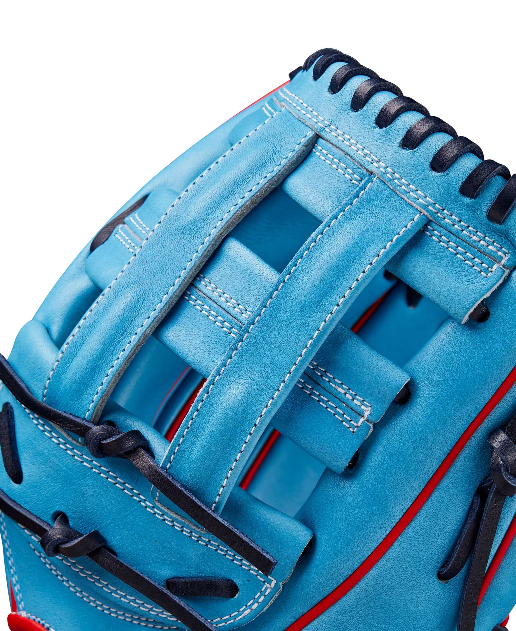 Close-up of the Wilson A2000 1750 outfield baseball glove in Tropical Blue showcasing its unique leather lacing and design features.