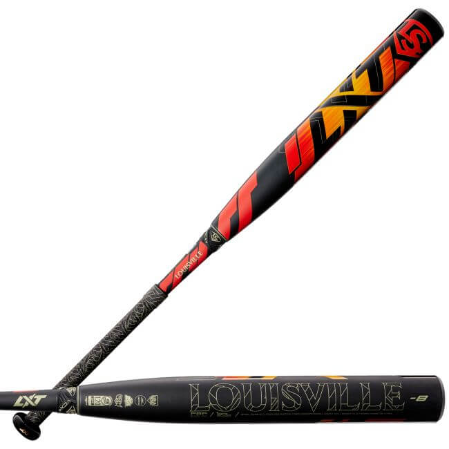 Side profile of Louisville FP LXT (-8) bat showcasing graphics and drop weight. Highlighting black and orange design with detailed barrel view.