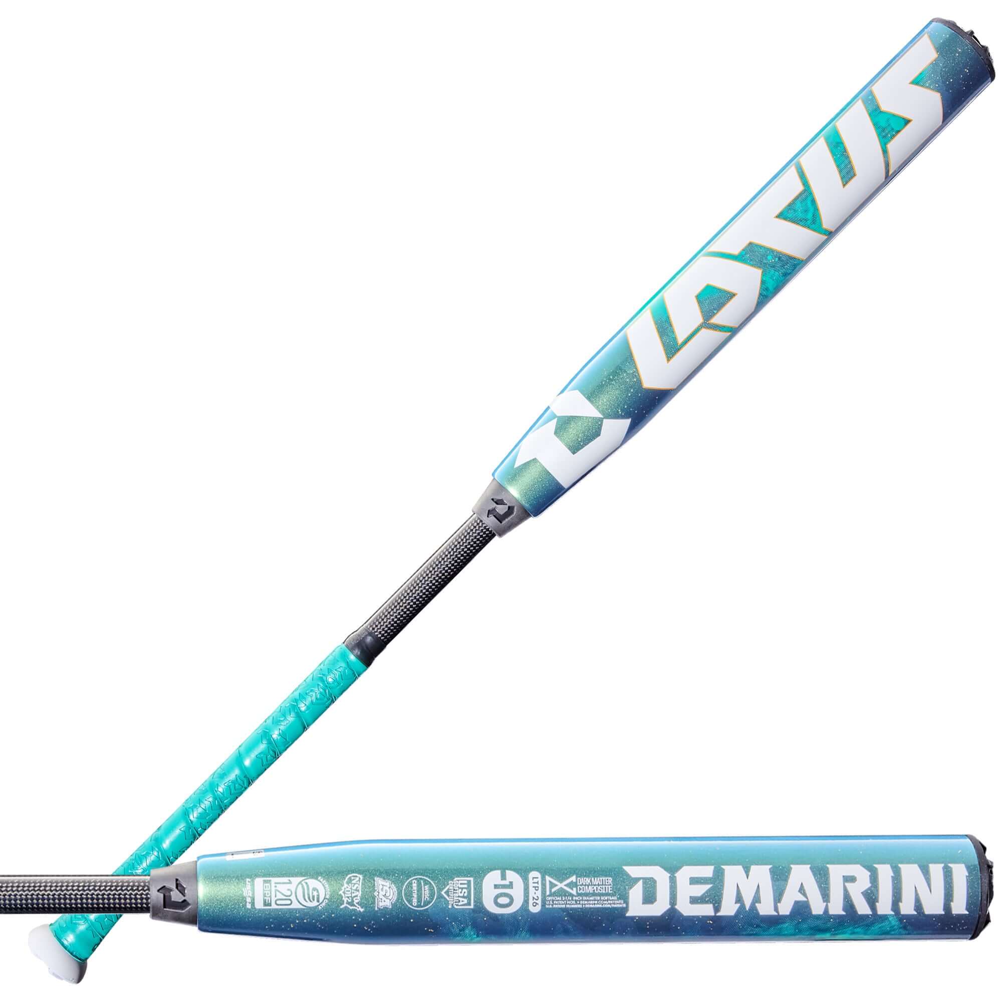 2026 DeMarini Lotus (-10) Fastpitch Softball Bat side profile, teal with white graphics and black grip tape.