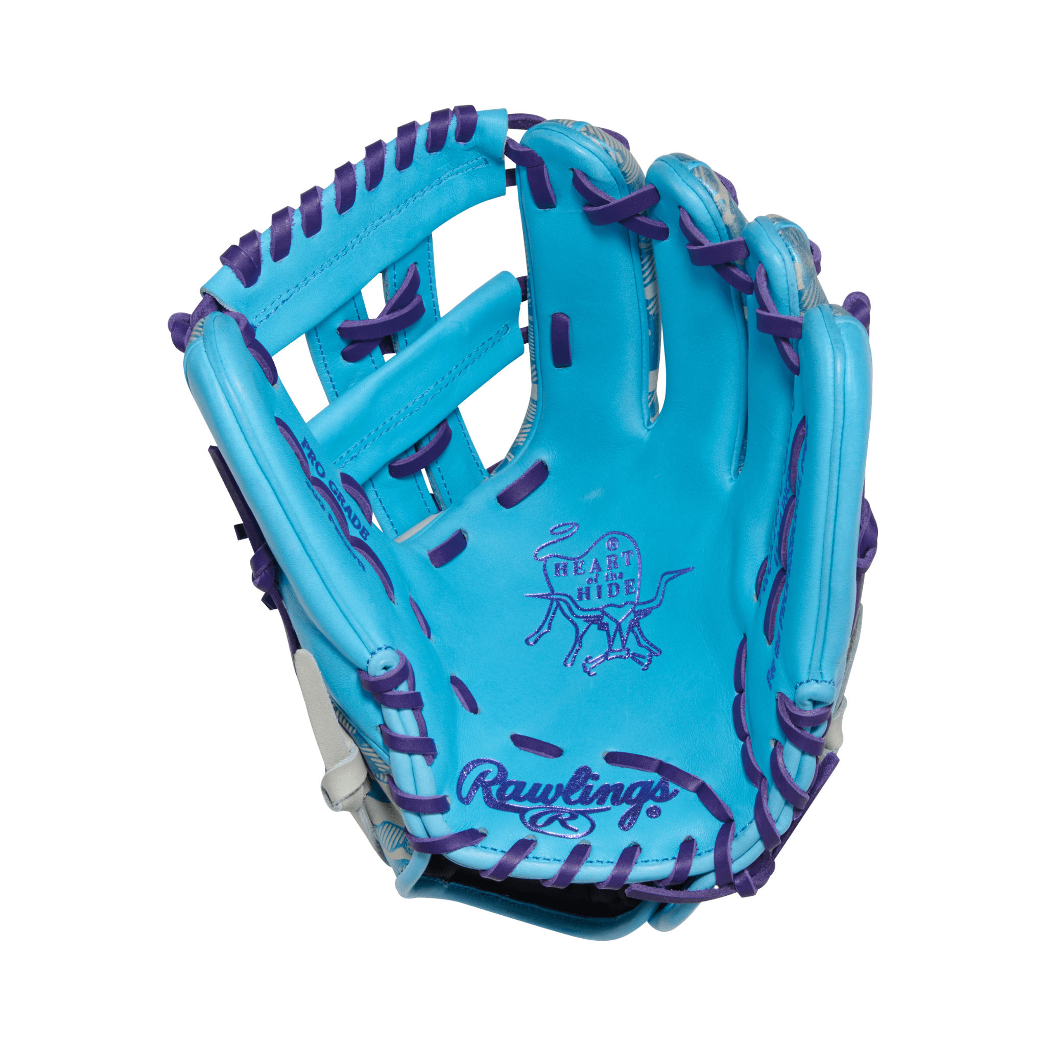 Palm side of Rawlings glove featuring Columbia blue leather with Heart of the Hide logo and purple Rawlings branding.