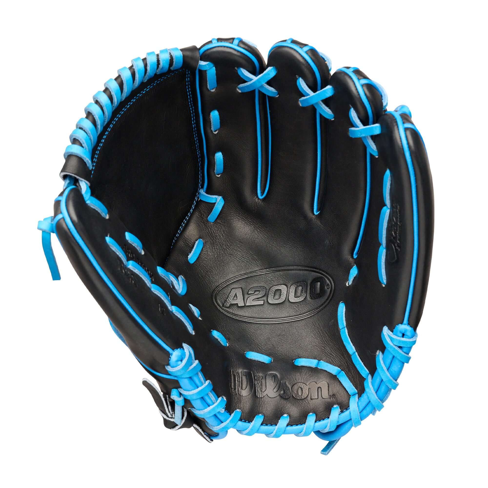 Wilson 2026 Love the Moment A2000 B23 Puzzle Piece 12” Pitcher’s Baseball Glove LHT palm view with black leather and blue lacing.