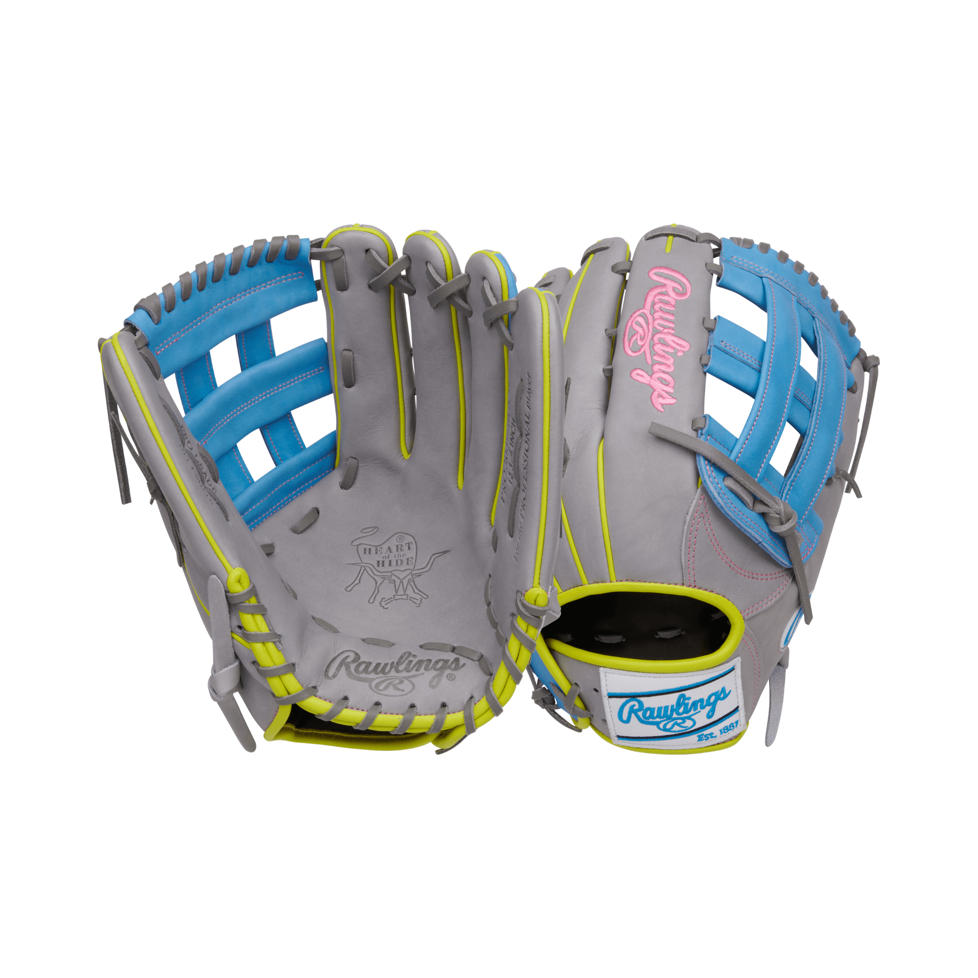 Rawlings February 2024 Gold Glove Club RGGC Outfield Glove 12.75" in gray, blue, and yellow with Pro H web and deep pocket.