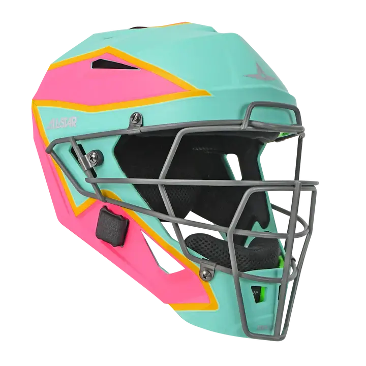 All-Star MVP-PRO Short Fuse Saved By The Bell Limited Edition catcher helmet in yellow, pink, and seafoam colorways