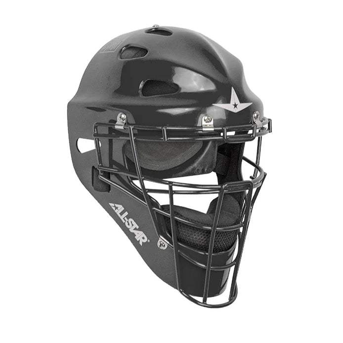 All-Star Player’s Series MVP Catching Helmet / Adult front view in black with steel cage and vented shell