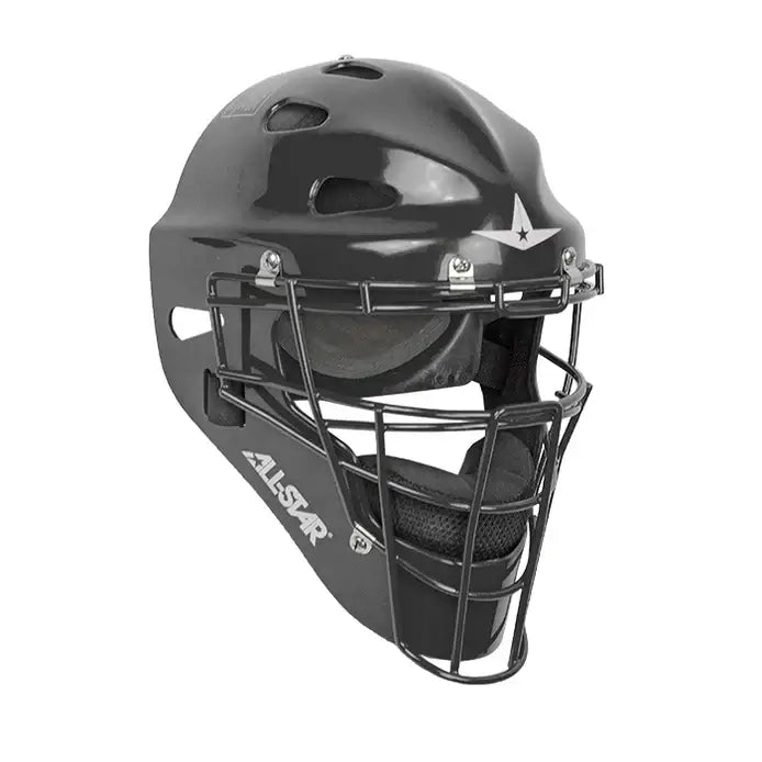 All-Star Player’s Series MVP Catching Helmet / Adult front view in black with steel cage and vented shell