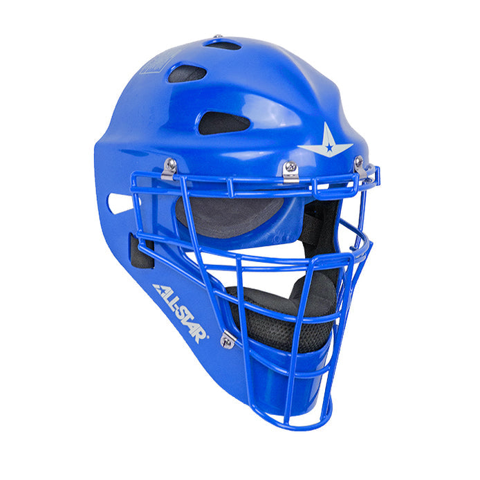 All-Star Player’s Series MVP Catching Helmet / Adult front view in royal blue showing steel cage and large air vents