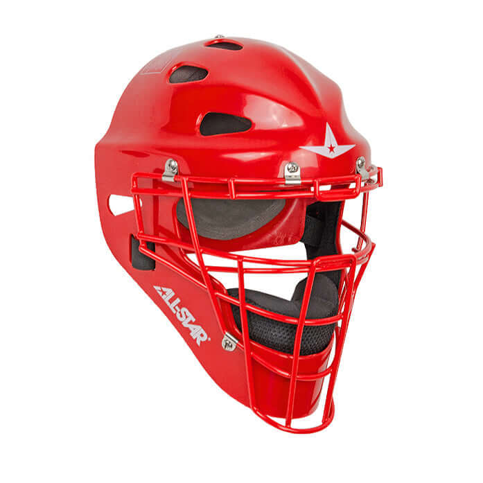 All-Star Player’s Series MVP Catching Helmet / Adult front view in scarlet red with ventilated design and matching-color cage