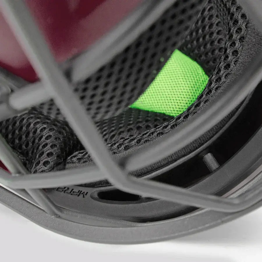 Inside view of All-Star MVP PRO Catcher's Helmet showcasing mesh padding and Deflexion Tech for enhanced comfort.