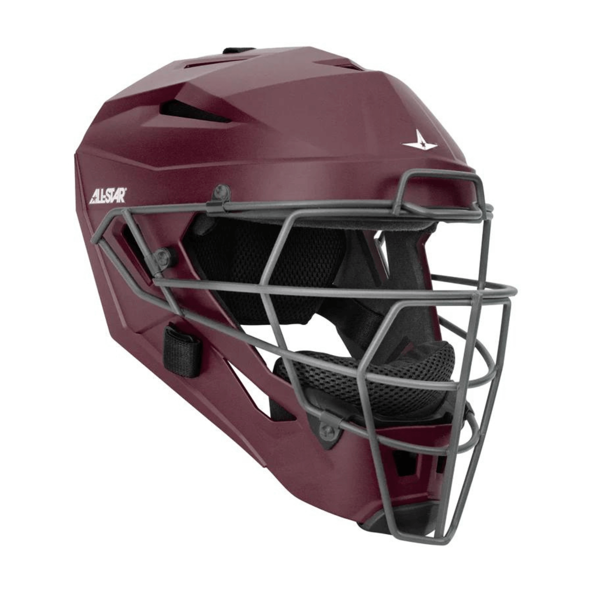 All-Star Adult MVP PRO Catcher's Helmet in matte burgundy with Deflexion Tech for advanced baseball protection.