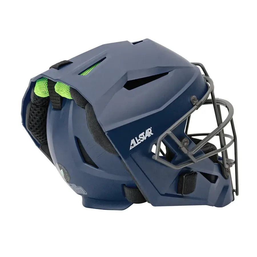 All-Star MVP PRO Catcher's Helmet in matte navy with Deflexion Tech for enhanced protection and performance.