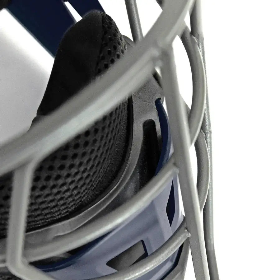 Close-up of All-Star MVP Pro Catcher's Helmet showcasing Deflexion Tech and padded interior design.