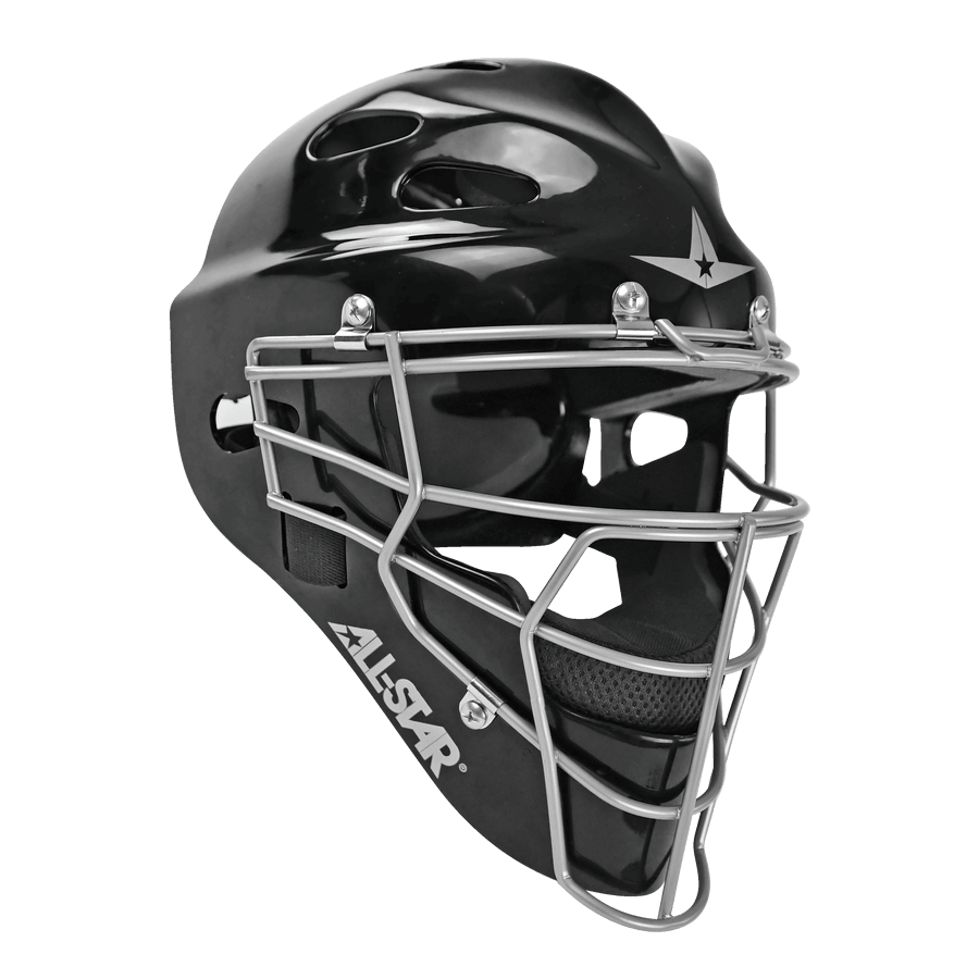 All-Star Top Star catcher's helmet in black with silver facemask, designed for young travel ball players aged 12-16.