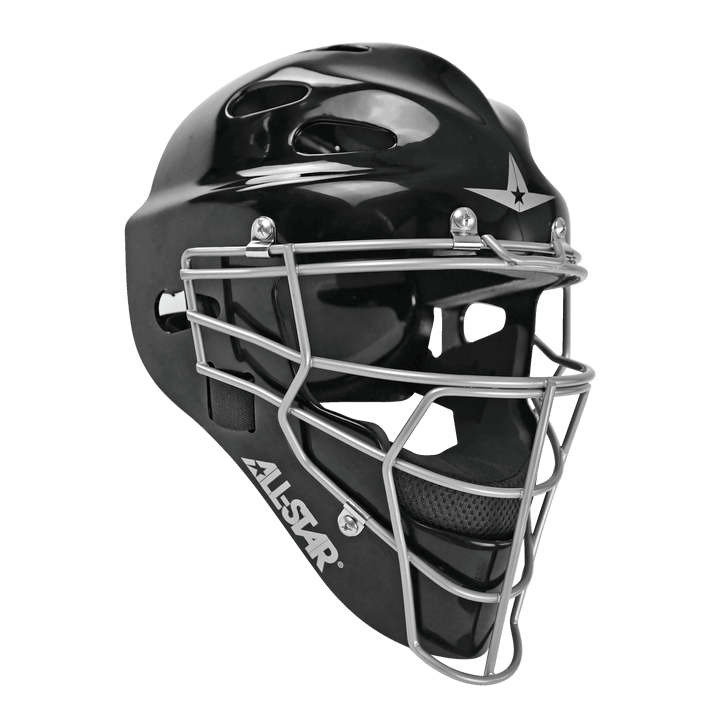 All-Star Top Star catcher helmet in black with silver mask, designed for youth travel baseball players age 9-12.