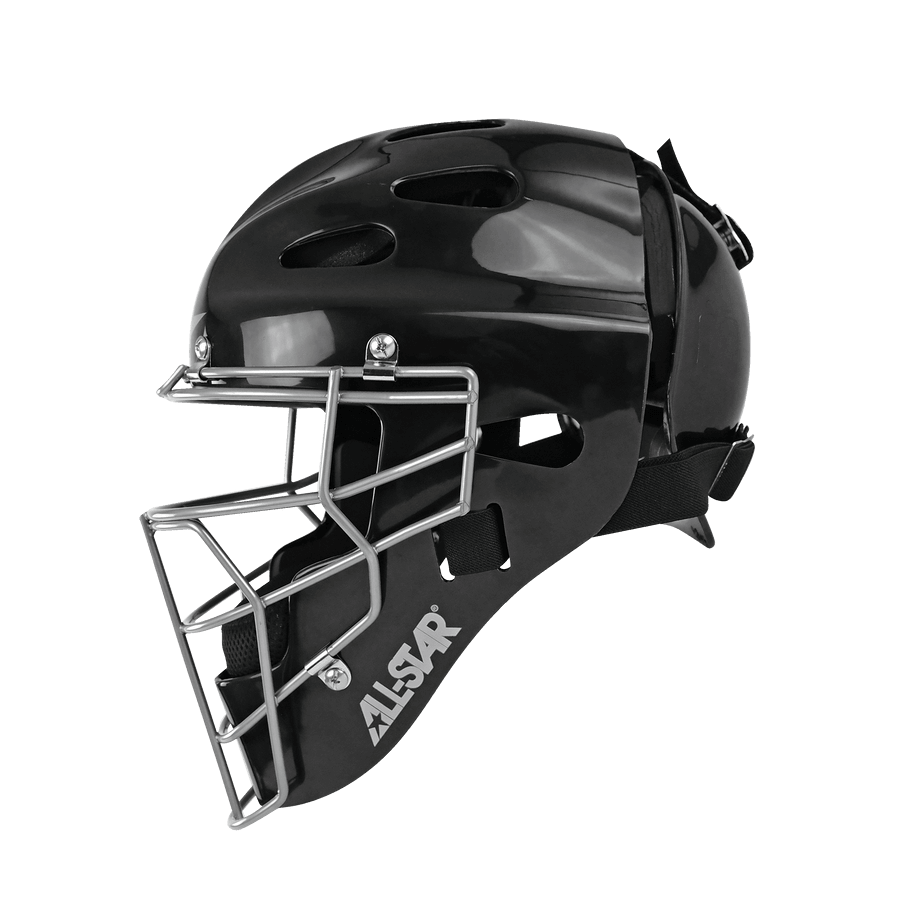 All-Star Top Star catcher's mask in black, designed for youth players aged 12-16, featuring a professional look and sturdy construction.