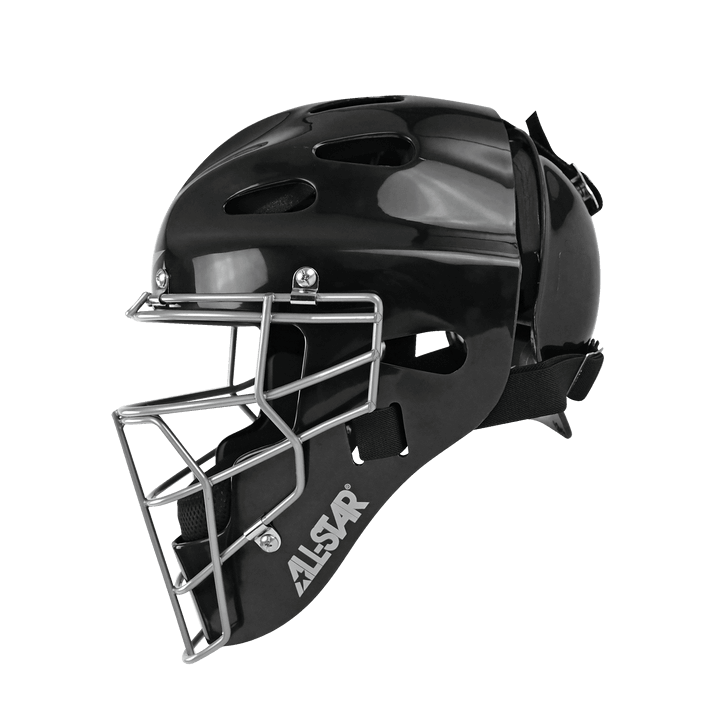 All-Star Top Star catcher's helmet in black, featuring protective mask design for youth baseball players aged 9-12.