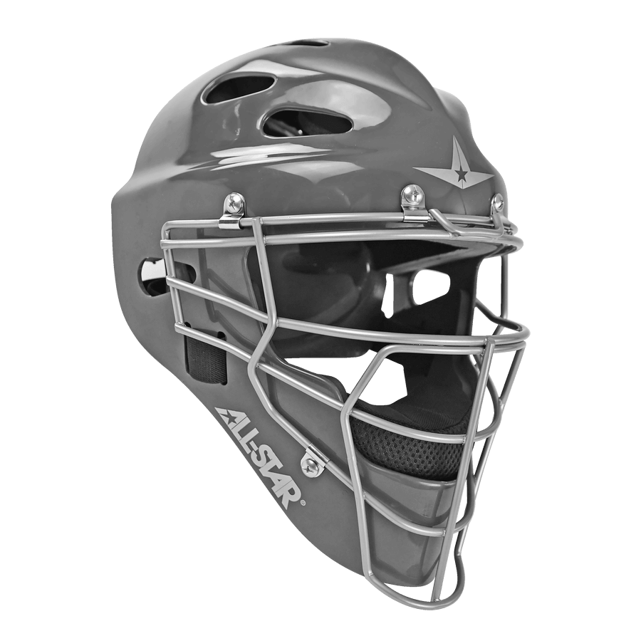All-Star Top Star catcher's mask in gray with a sturdy metal cage, designed for ages 12-16, meeting NOCSAE standards.