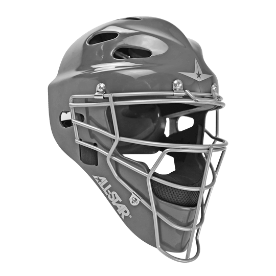 All-Star Top Star catcher's helmet in gray with protective mask, ideal for travel ball catchers aged 9-12.