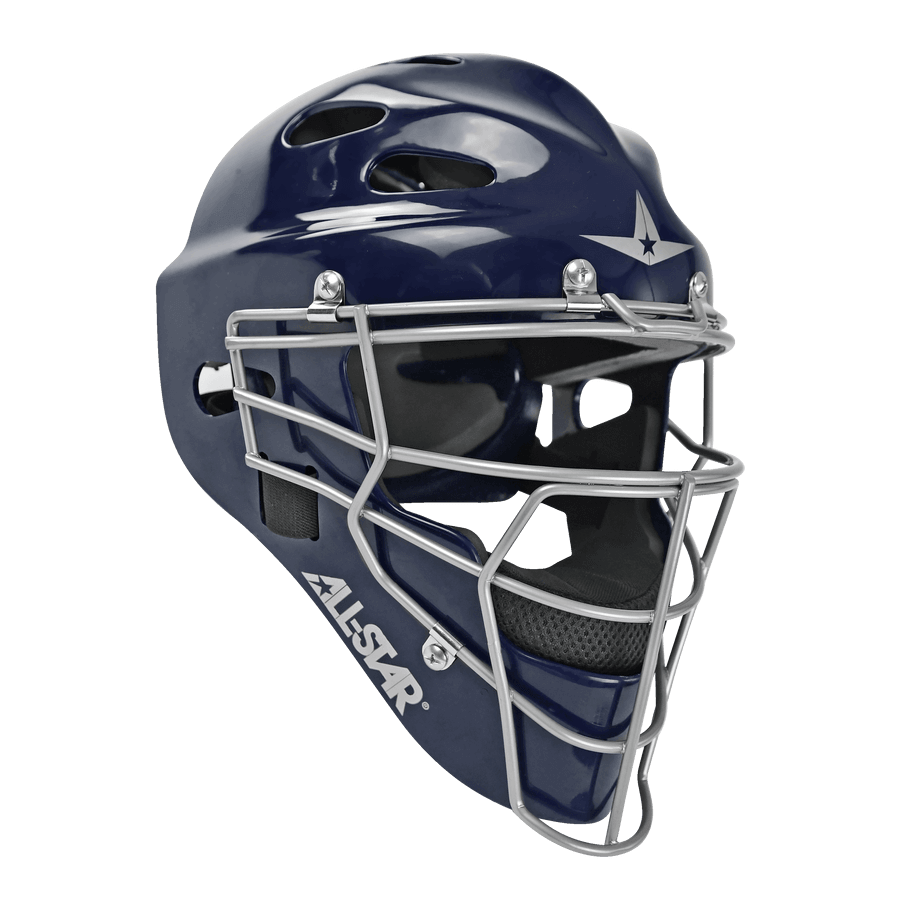 All-Star Top Star catcher's helmet in navy blue, designed for youth players aged 12-16 with professional-style mask features.