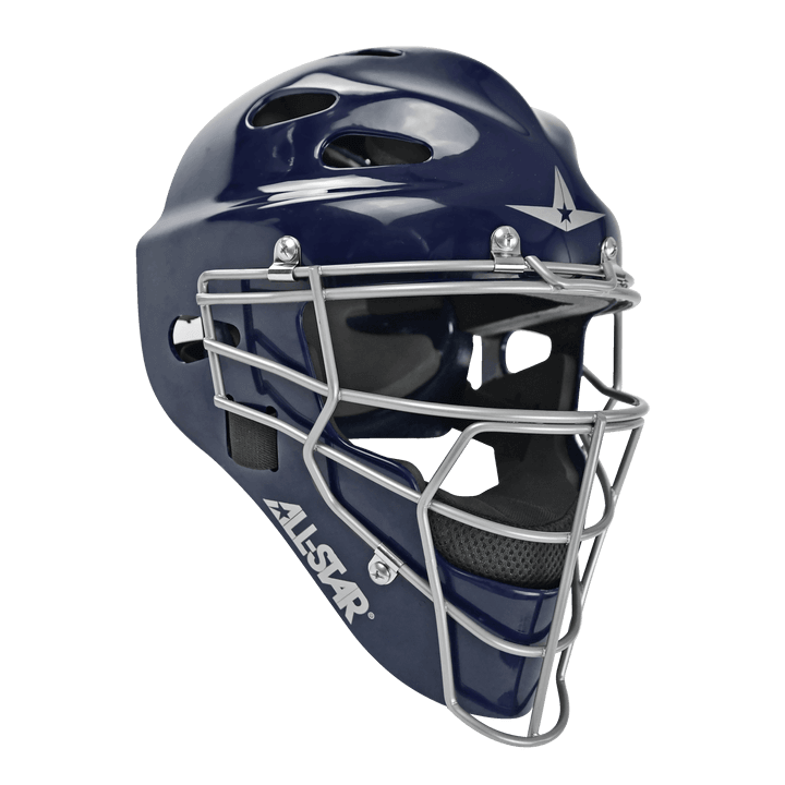 All-Star Top Star catcher's helmet in dark blue with metallic mask, designed for youth travel ball catchers age 9-12.