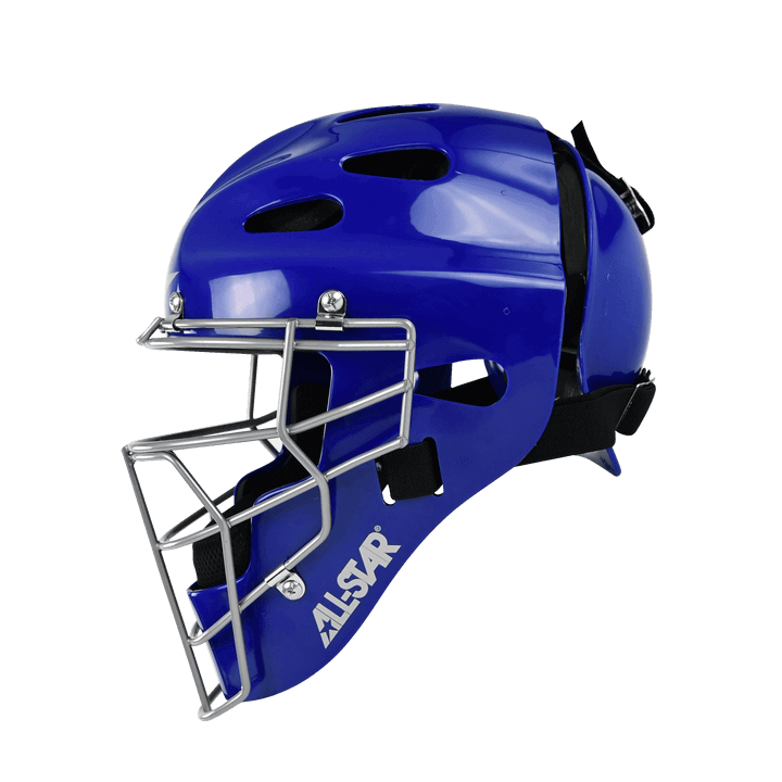 Blue All-Star catcher's helmet with metal mask, designed for travel ball players ages 9-12, meets safety standards.