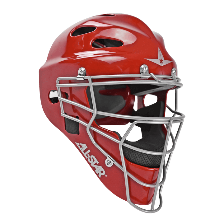 All-Star Top Star catcher's helmet in red with protective mask for youth baseball players aged 9-12.