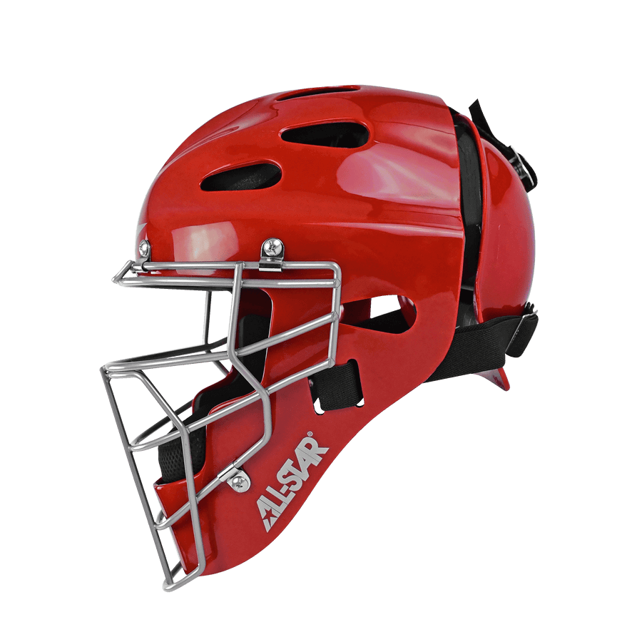 Red All-Star Top Star catcher's helmet with mask, designed for youth travel ball players aged 12-16, meets NOCSAE standards.