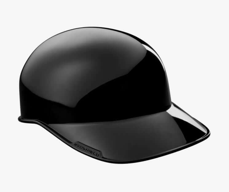 Evoshield PRO-SRZ Skull Cap side view with semi-gloss black finish and visible logo at brim edge.