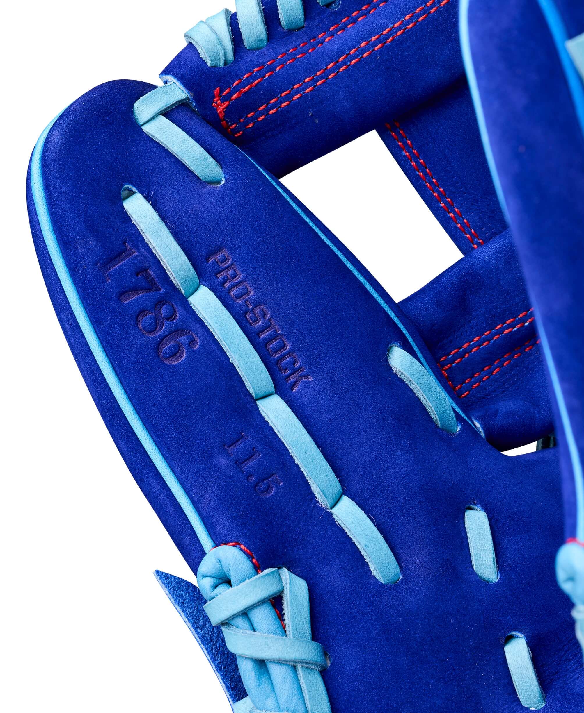 Close-up of Wilson Big Rally Blue Raspberry A2000 1786 11.5" Infield Baseball Glove showing stitching and lacing details.