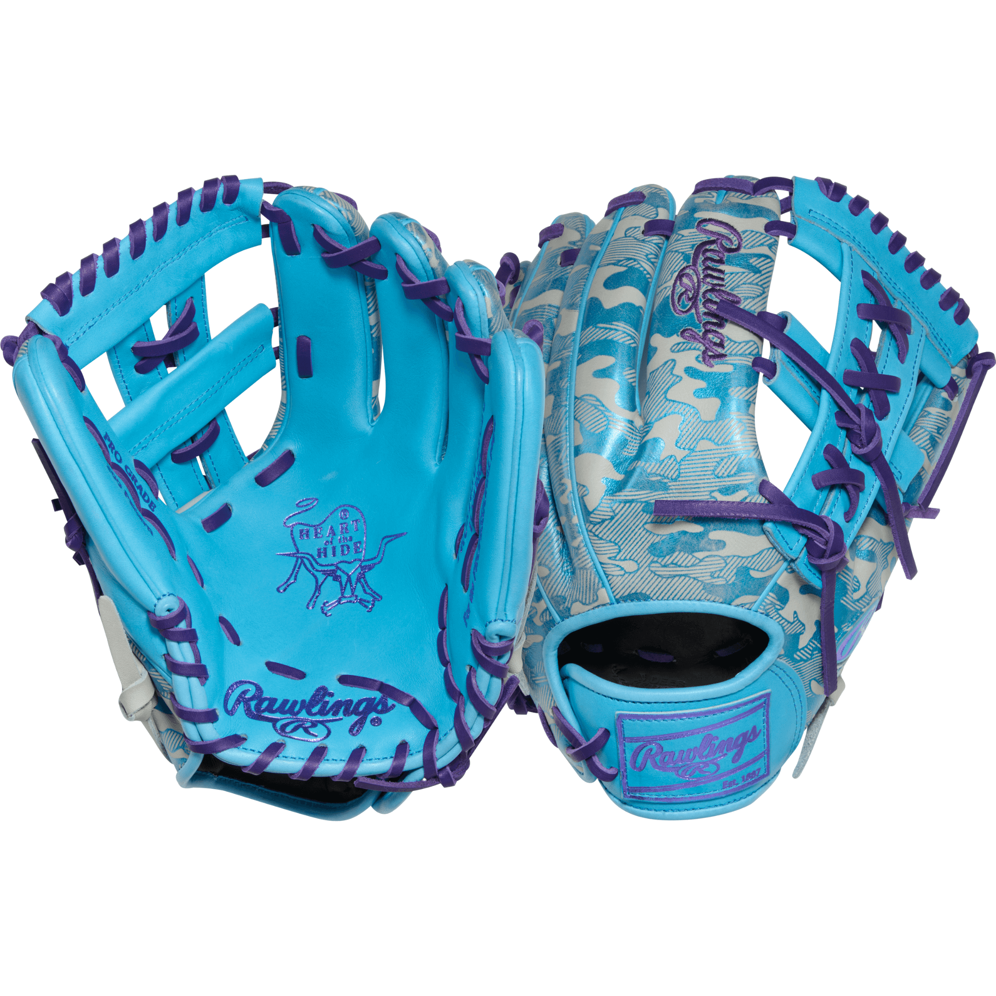 Palm and back view of Rawlings Gold Glove Club 11.75" in Columbia Blue w/ Metallic Purple laces and Camo shell design.