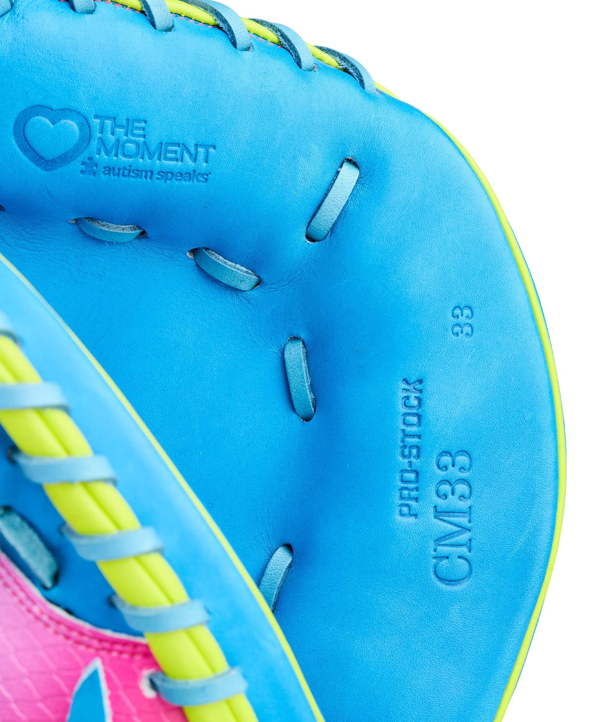 Interior view of Wilson 2026 Love the Moment A2000 CM33SS 33” Baseball Catcher’s Mitt, showing blue leather and lacing details.