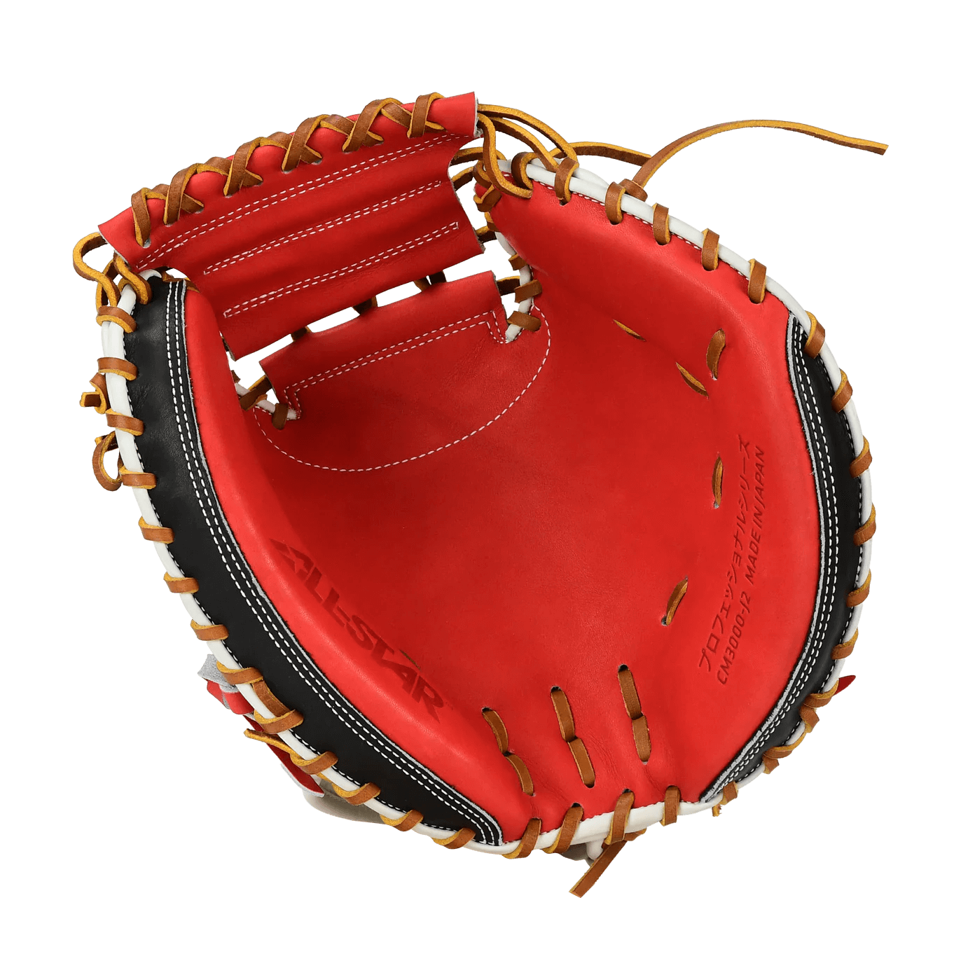 Palm view of All-Star Pro-Elite Japan 34" Catchers Mitt Open Back Red/Black/White with red interior and white lacing.